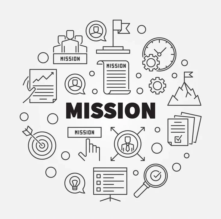 Illustration showing various mission-related icons such as targets, charts, documents, clocks, and people, representing the goals and objectives of a language institute. Perfect for the best German language institute in Calicut