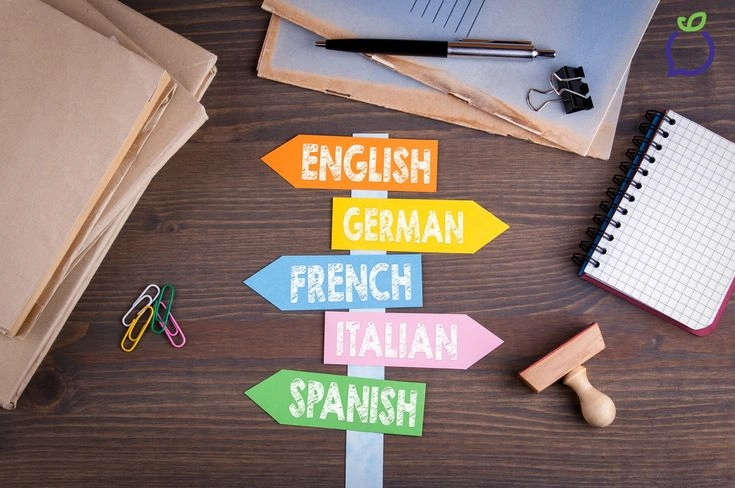 Colorful directional signs labeled English, German, French, Italian, and Spanish placed on a wooden table alongside office supplies and a notepad, representing language learning options at the best German language institute in Calicut