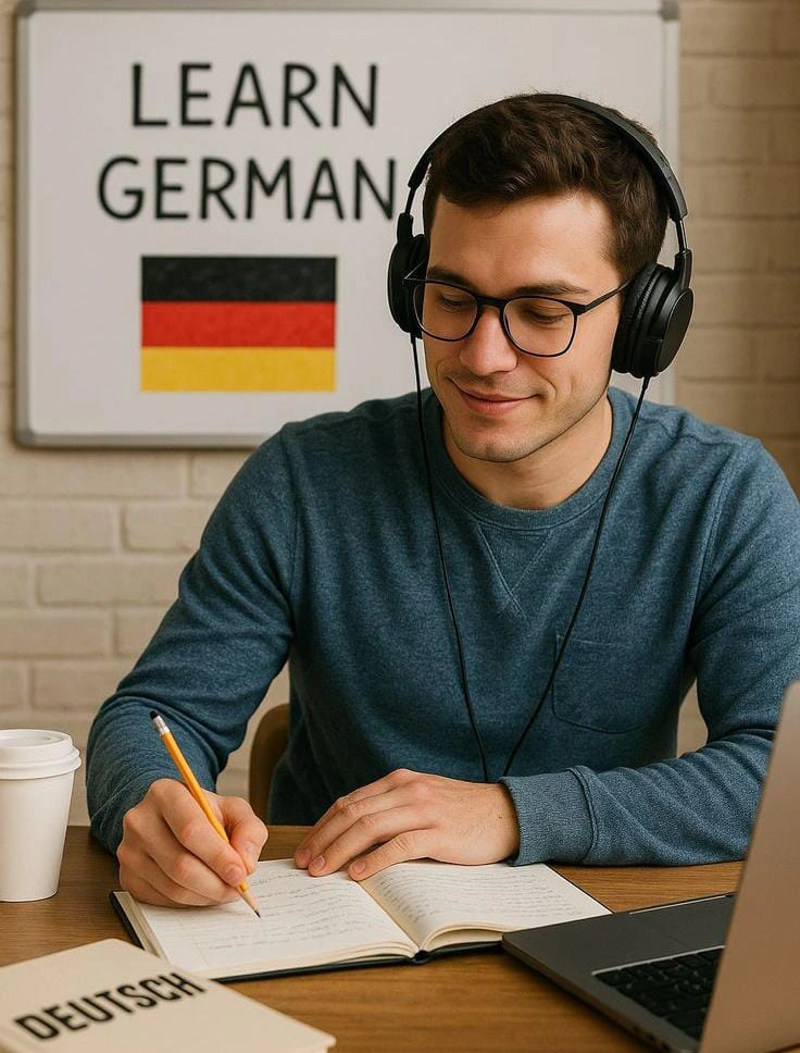 Student learning German with headphones, notebook, and laptop in a classroom – Best German Language Institute in Calicut